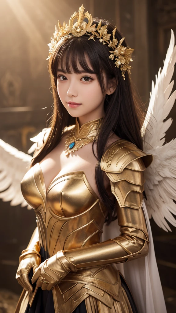 Superb Quality, Masterpiece, High Resolution, 1Girl, Blush, (Seductive Smile: 0.8), Star Pupil, brown eye, normal , perfect body shape ratio, bare face, body goals girl, ideal girl, perfect girl, she's my girlfriend、full body Esbian、perfect anatomy, detailed anatomy, A dark-haired, cute bangs, long straight dark hair, sweet smile, stunning face, good girl, idol, key of visual, gorgeous face, elegant diamond necklace, perfect necklace, wearing female armor made from heavy metal, long sleeved metal armor, full armored body, a flower crown above her head((flower crown:2,4)), detailed flower crown, perfect armor, detailed armor, heavy metal armor, gloves from metal covered by gold 24 carat, front view, full body looks, a pair of angel's wings, beautiful wings, perfect wings, detailed wings, perfect camera, HD quality, high picture quality、ruined sand city background, 8K UHD, DSLR, Soft Light, High Quality, Volume Lighting, High Resolution, 4K, 8K, Background Bokeh