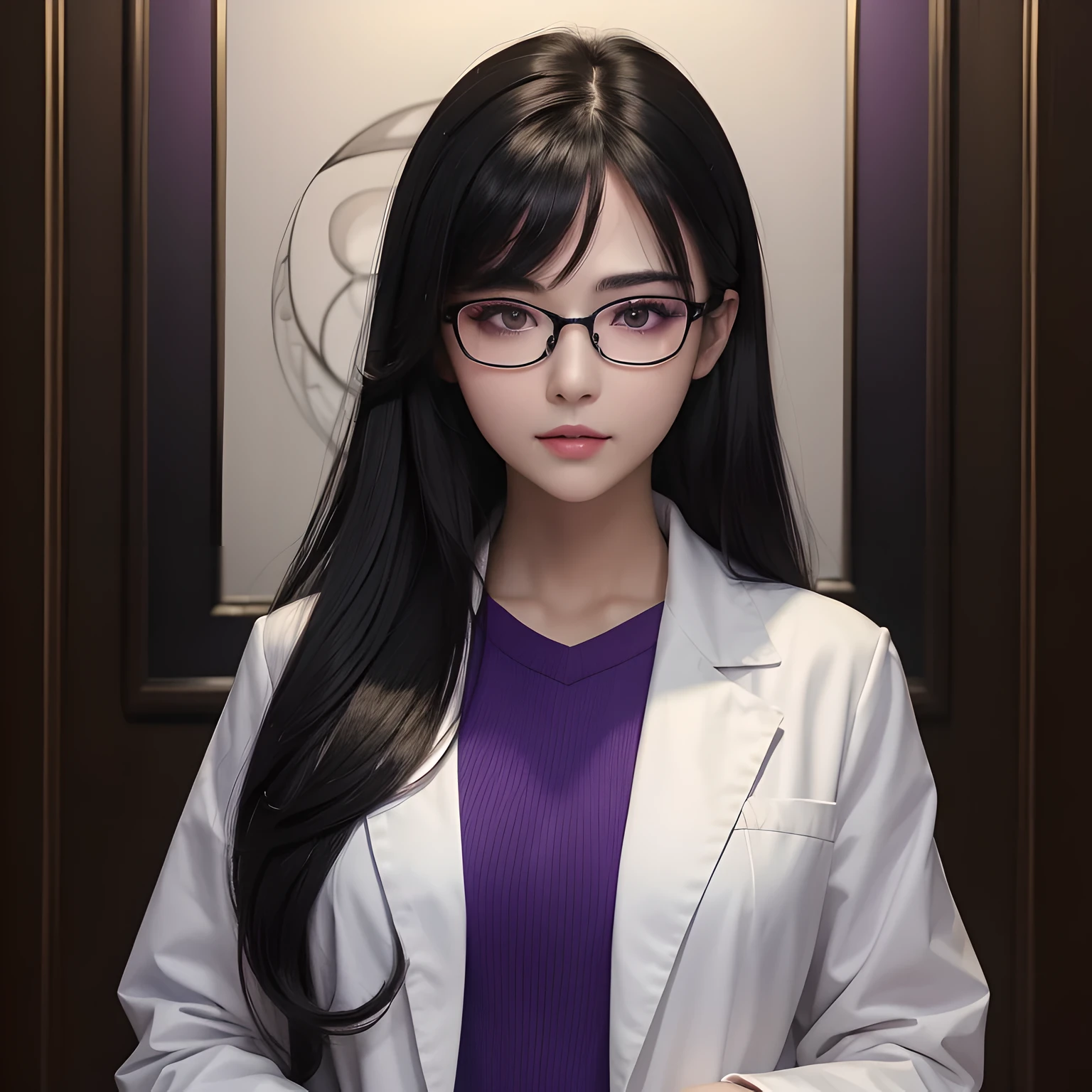 (masterpiece, best quality:1.4), facial detail, hair detail, detailed beautiful eyes,1girl, solo , (black hair, long hair:1.2),bangs (glasses with purple frames :1.2), white doctor’s coat, ((front facing:1.1)),looking at viewer,
