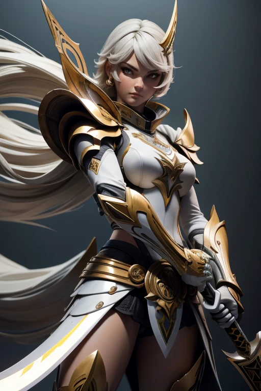 Obra maestra, mejor calidad, 1 chica, espada, holding espada,fondo gris, postura de lucha,