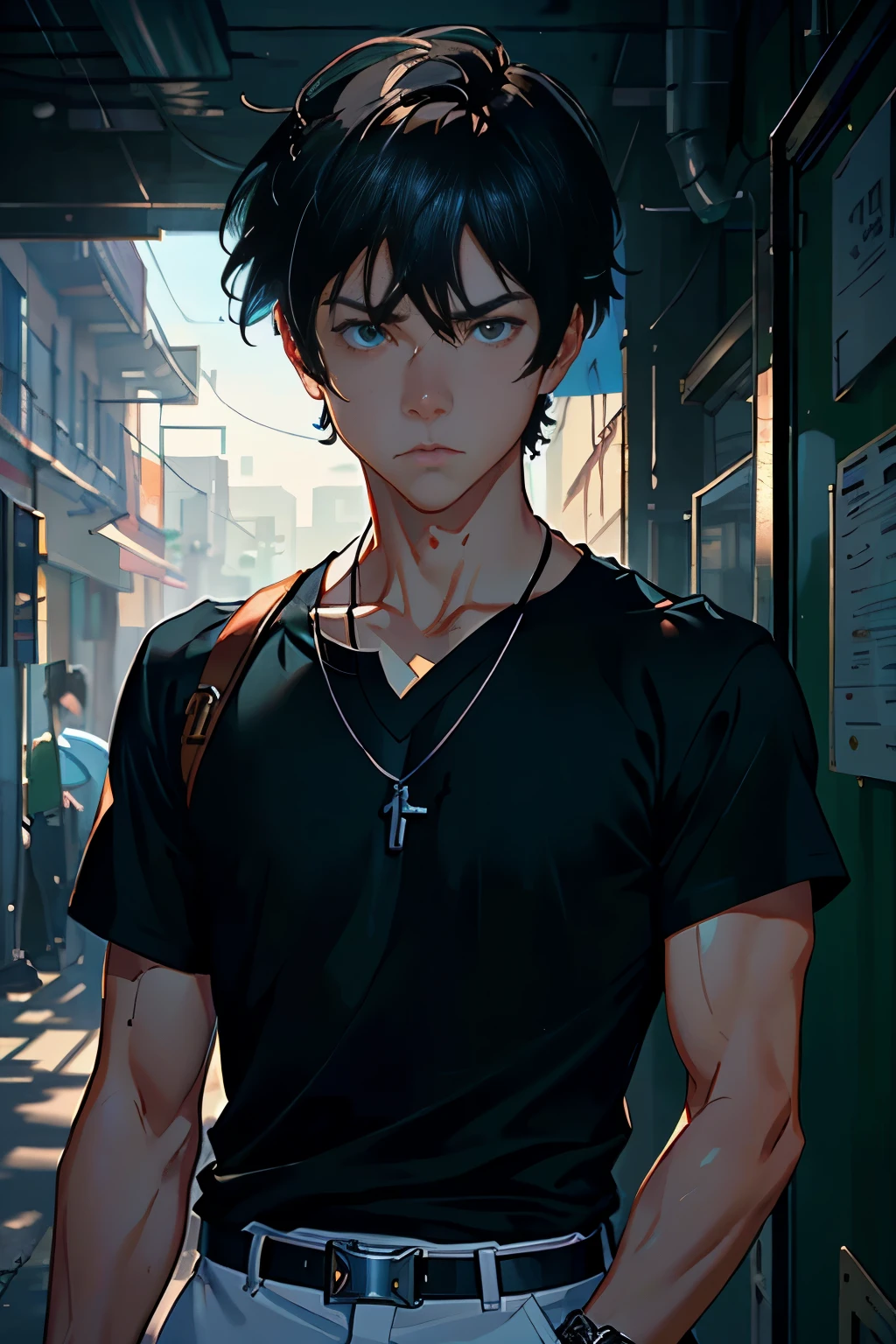(Masterpiece), Solo Male: (1boy), Casually dressed in a black shirt and white pants, (messy hair with bangs covering his forehead), Holding an apple in one hand and a bag filled with fresh berries in the other, (Jewelry glinting on his wrist, a silver watch peeking out), Lean and muscular build, (Black hair falling over his forehead, eyes bright blue), Intently looking at the viewer with a thoughtful expression, (Focus on the male figure, high detail and sharp image), 8K resolution, Highly detailed and anatomically correct, (Digital painting or concept art style, reminiscent of Makoto Shinkai