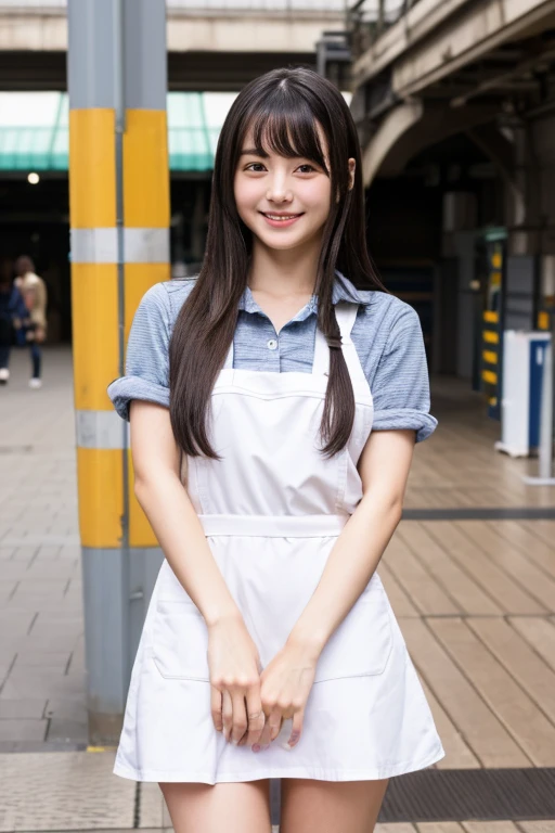 masterpiece, high-quaiity,(Correct Anatomy),Raw Photos, Photorealistic、Cute face,(well-proportioned face:1.5)、Embarrassed look,High resolution,Super detailed,Fine details,Very detailed,very realistic eyes and face,smile,grin,open mouth,smile,(Realistic Humans),Sharp Focus,natural light,day light,high quality,(Japanese)、Cute Korean idol style,Black Hair,(apron),,The front of the body is facing the camera,the body foward to camera,Station platform,standing at station platform,grab skirt hem,((spread legs)),(17years old),、(girl),solo,long hair,Long Hair,thighs spread to the left and right,(Looking at the camera),(flat chest),Narrow waist、white ankle socks、White sneakers,full body