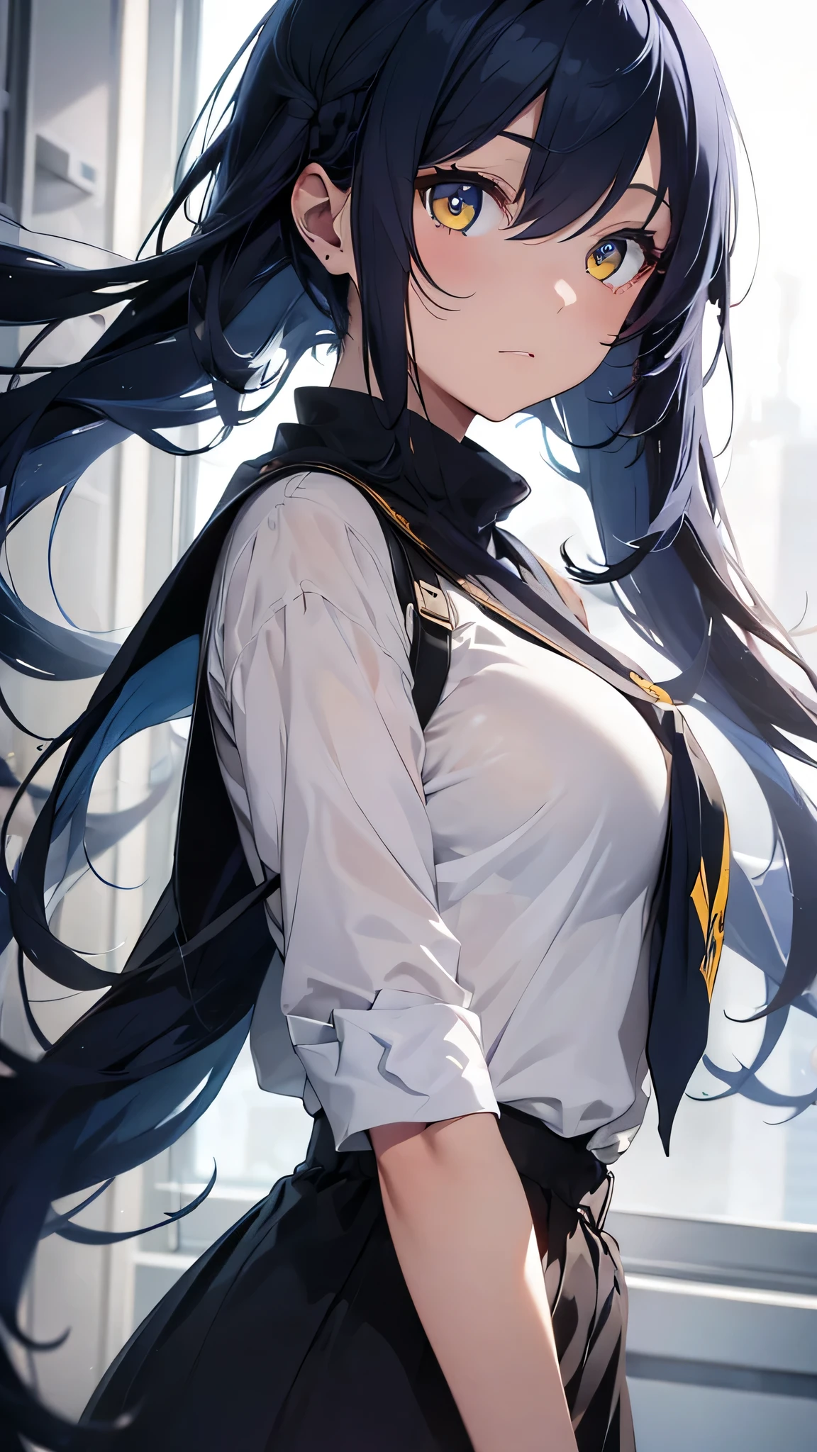 Create a stunning illustration of a mysterious beauty with navy blue hair and yellow eyes, facing forward.