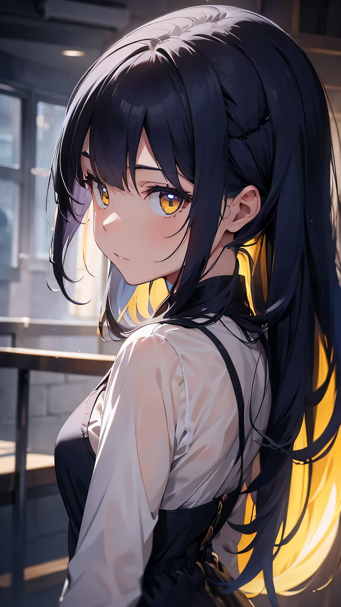 Create a stunning illustration of a mysterious beauty with navy blue hair and yellow eyes, facing forward.