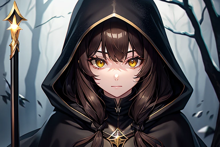 Female, dark brown hair, yellow eyes, black cloak, black hood, silver staff, dark forest