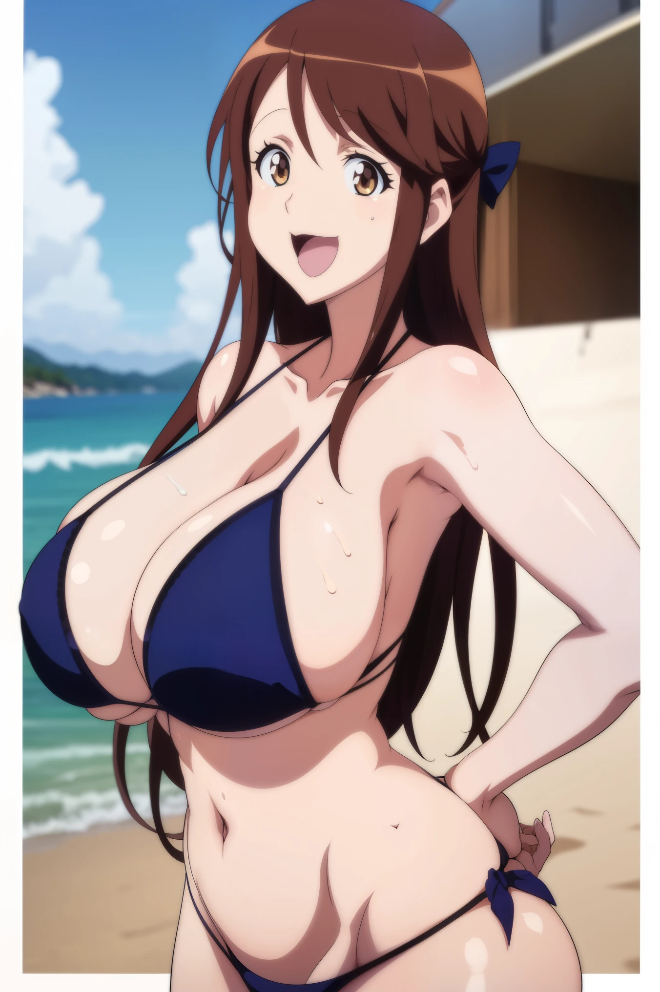 anime,anime cel style,anime style,Iida_Nana, High resolution, 1. Waman, mature woman, brown hair,brown eyes,smile, (gigantic breasts:1),(arms behind up:1), bikini,beach,blush,open mouth,Embarrassing、sexy,erotic