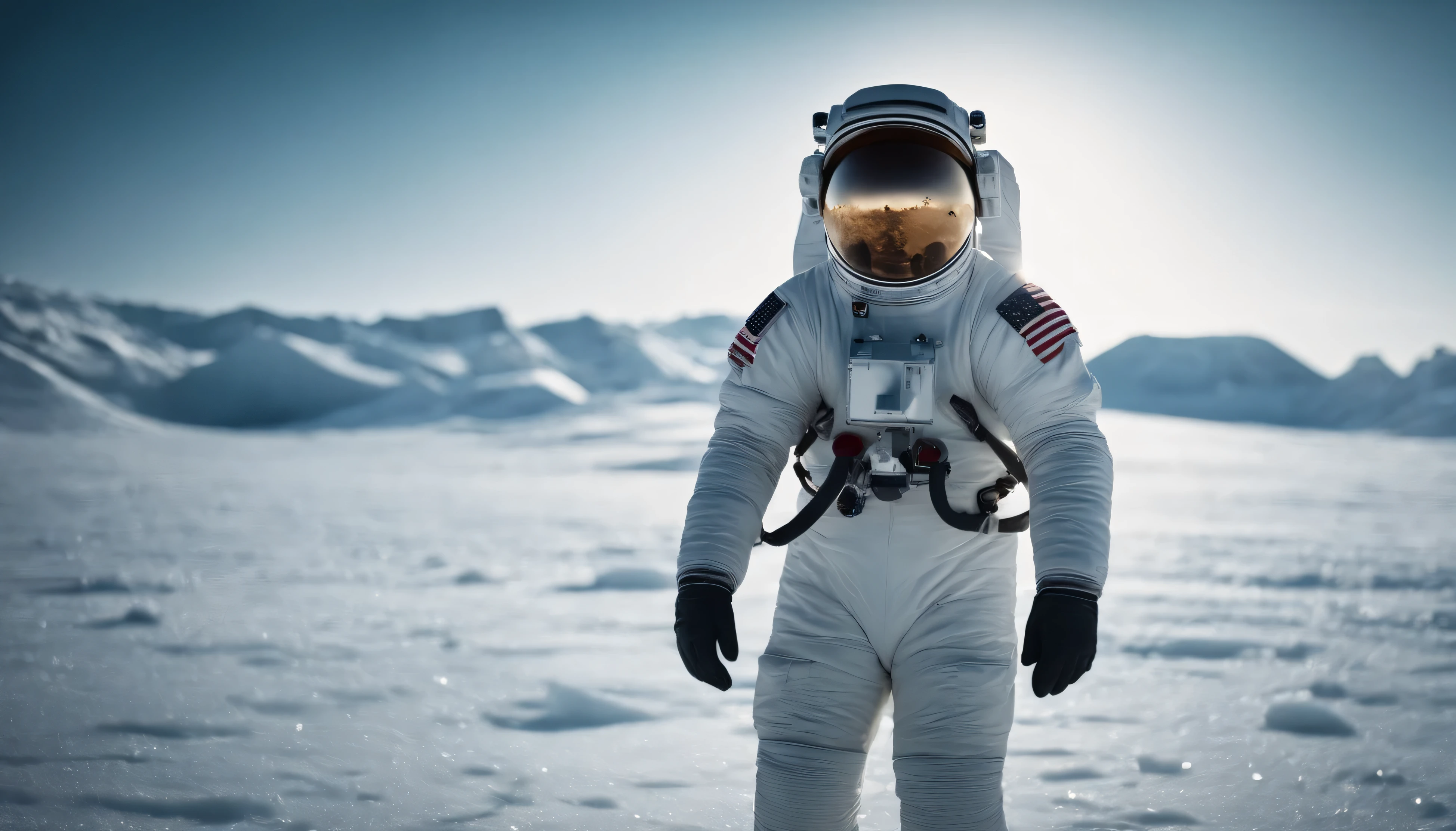 An Astronaut standing on the planet of ice with very cold weather, a vintage shot like a 1960s camera