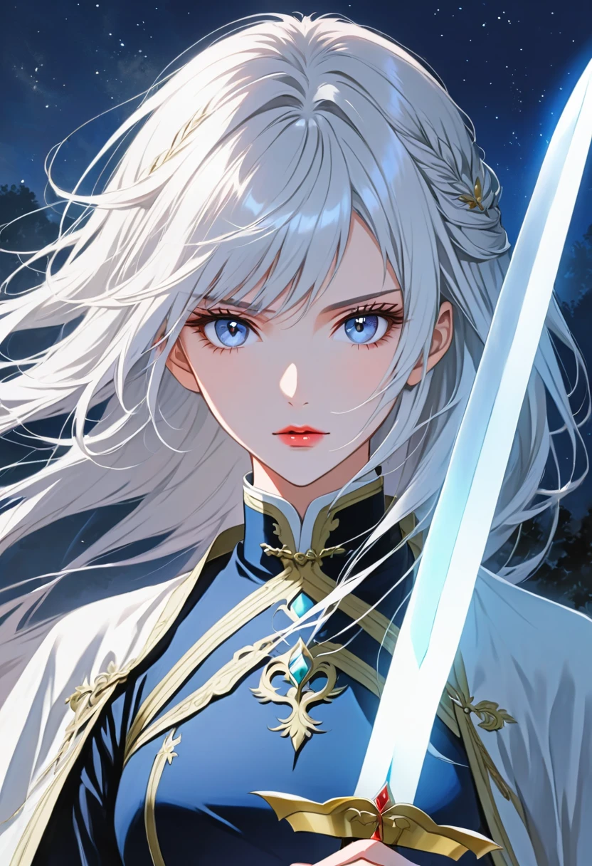 Anime two-dimensional，simple，Female general riding a horse under the moonlight，beautiful face，white hair，Hand drawn long sword，Gaze at the viewer