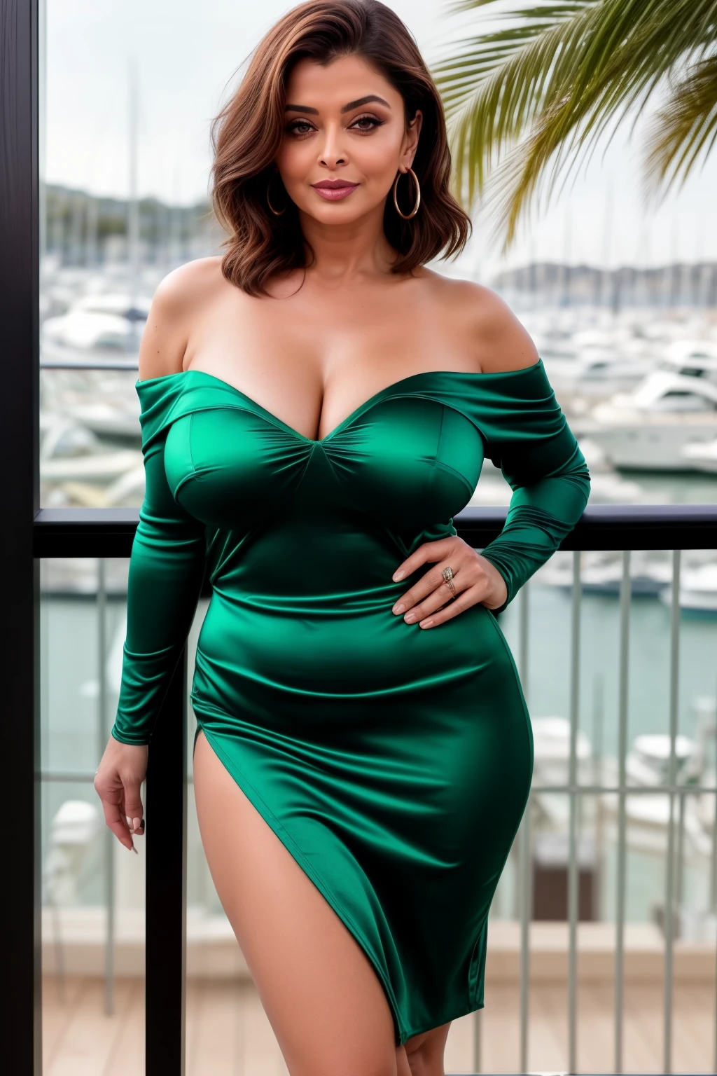Full body photo of Y 50YO MATLF AISHA RAI as SUPER SEXY MODEL, ((smirking face)), (((removing clothes))), ((OFF SHOULDER EMERALD GREEN MINI SATIN BODYCON DRESS)), (((seductive posing in cannes main event))), day scene, curvaceous mature hourglass figure, mive breasts with hugage, look straightra, ((bob cut hair with green highlights)), sexy 50 yo mature MILF, soft voetric lightricate ils, (ArtStation:1.2)