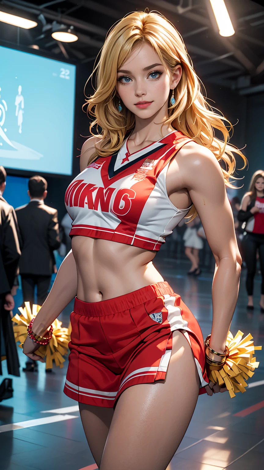 ((最high quality, 8K, masterpiece: 1.3, Ultra HD, high quality, 最high quality, High resolution, realism)) 、A 22-year-old extremely beautiful white woman、Hair color blonde、blue eyeedium Hair、Straight Hair、smile、Slender but well-proportioned body、Athlete-like body type、I want my head to stay off screen、Wearing accessories on the wrist、Put an anklet on your ankle、Wearing red nail polish、I have a peticure、Being a cheerleader、Strike a Pose
