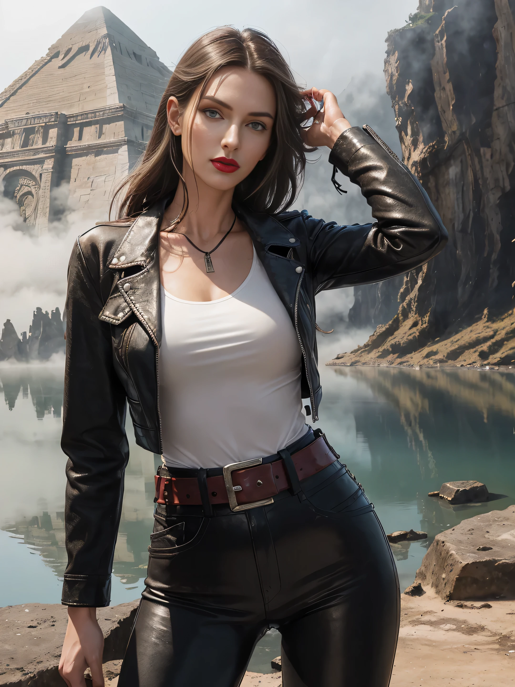 full bodyn sexy beauty archaeologist, thin, tall, black long braided hair, green eyes, red lips, white skin, athletic, slim, tight brown leather pants, blue flannel shirt, black leather jacket, wide leather belt, standing on the shore of a primeval lake, blurred into the distance aztec pyramid, mist, fog, blurred shadows, photorealistic,