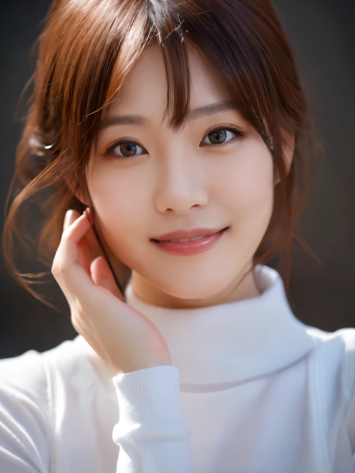 (masterpiece, highest quality:1.3), (Ultra-detailed 8K:1.2), (hyperrealistic:1.35),(Raw photo:1.2),highest quality, High resolution, wallpaper, photo realistic ,product quality, (full shot:1.5),a Japanese beautiful girl, smile, wearing a white turtleneck sweater, natural makeup, detailed face, cinematic lighting, octane rendering,midium breasts