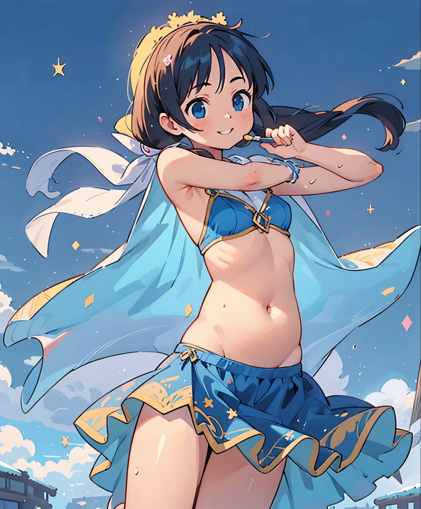 (masterpiece、highest quality、highest quality、Official Art、Beautiful and beautiful:1.2)、(One girl:1.3)Hatsune Miku、Twin tails,Big Breasts,Illustration of a dancing belly dancer、アニメWindイラスト, High resolution, Super detailed, (One girl:1.3), (Dynamic pose):1.0 break, Cowboy Shot, (Pale skin:1.3), ((Detailed blue eyes)), (Bokeh effect), (Dynamic Angle), 1 Very beautiful and charming anime wife in competition dance hall, (Wearing a royal blue satin belly dancer costume:1.37), break, 彼女は金髪のウェーブのかかったTwin tailsの髪型をしています, Medium Breasted, thin, A light smile, Happy, Wind, 8 Life-size, Detailed clothing, Detailed body, Detailed Weapons, Human hand, Fine hand, Perfect Nose, blush, A light smile, Pink Lip Gloss, Looking at the audience, Facing the audience, Sexy model posing, Studio Soft Light, Cinematic Light, Detailed Background, Realistic, ultra-Realistic, masterpiece, 32K Ultra-Clear Images, Japanese anime waifu, Concept art by Kyoto Animation, makoto shinkai,