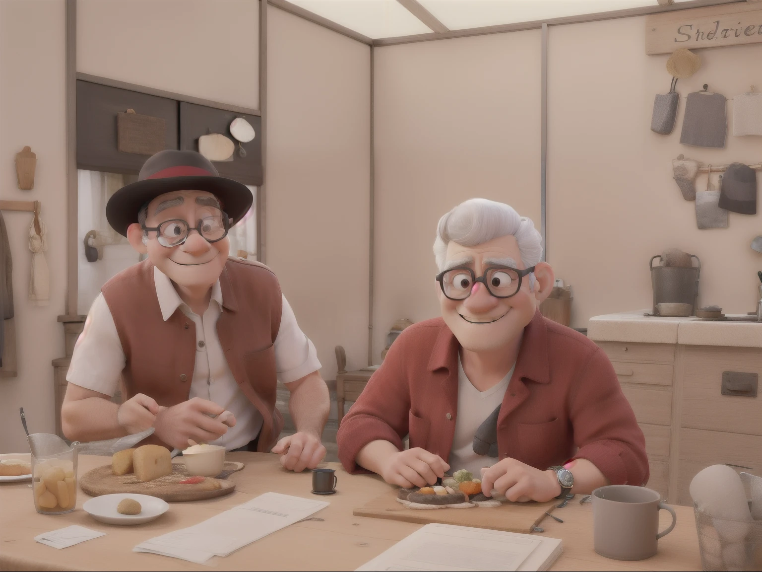 chef-d&#39;artwork, best quality, un homme porte un chapeau noir, un noeud papillon noir, une chemise blanche et un gilet rouge, next to an elderly woman, les cheveux grils, avec des lunettes et et portant un gilet rouge, Side by side. Il y a un pin's sur le chapeau de l'homme.