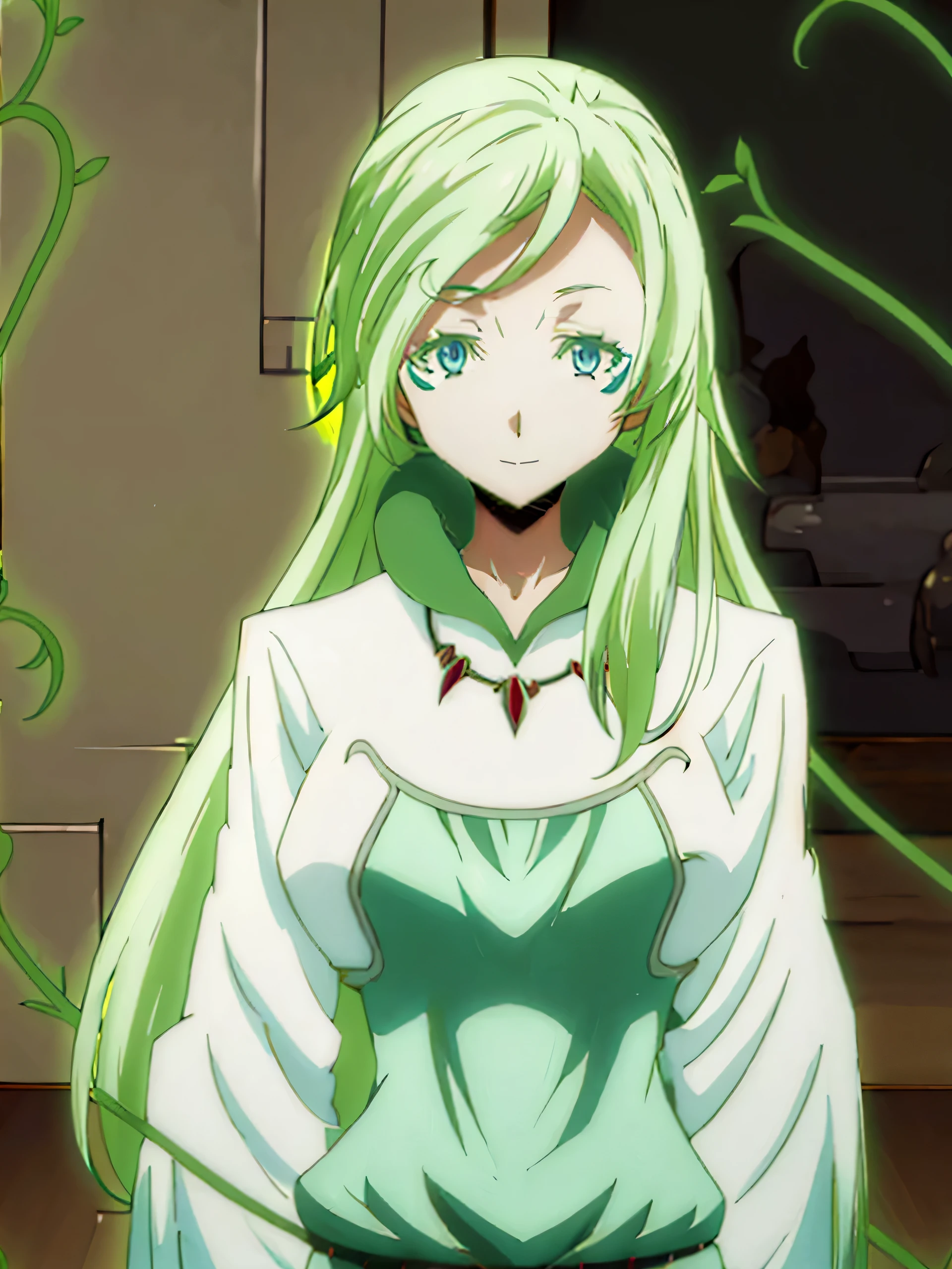 Solo, girl, green and white dress, green collar, jewelry, gem, green hair, blue eyes, bangs, very long hair, facial mark