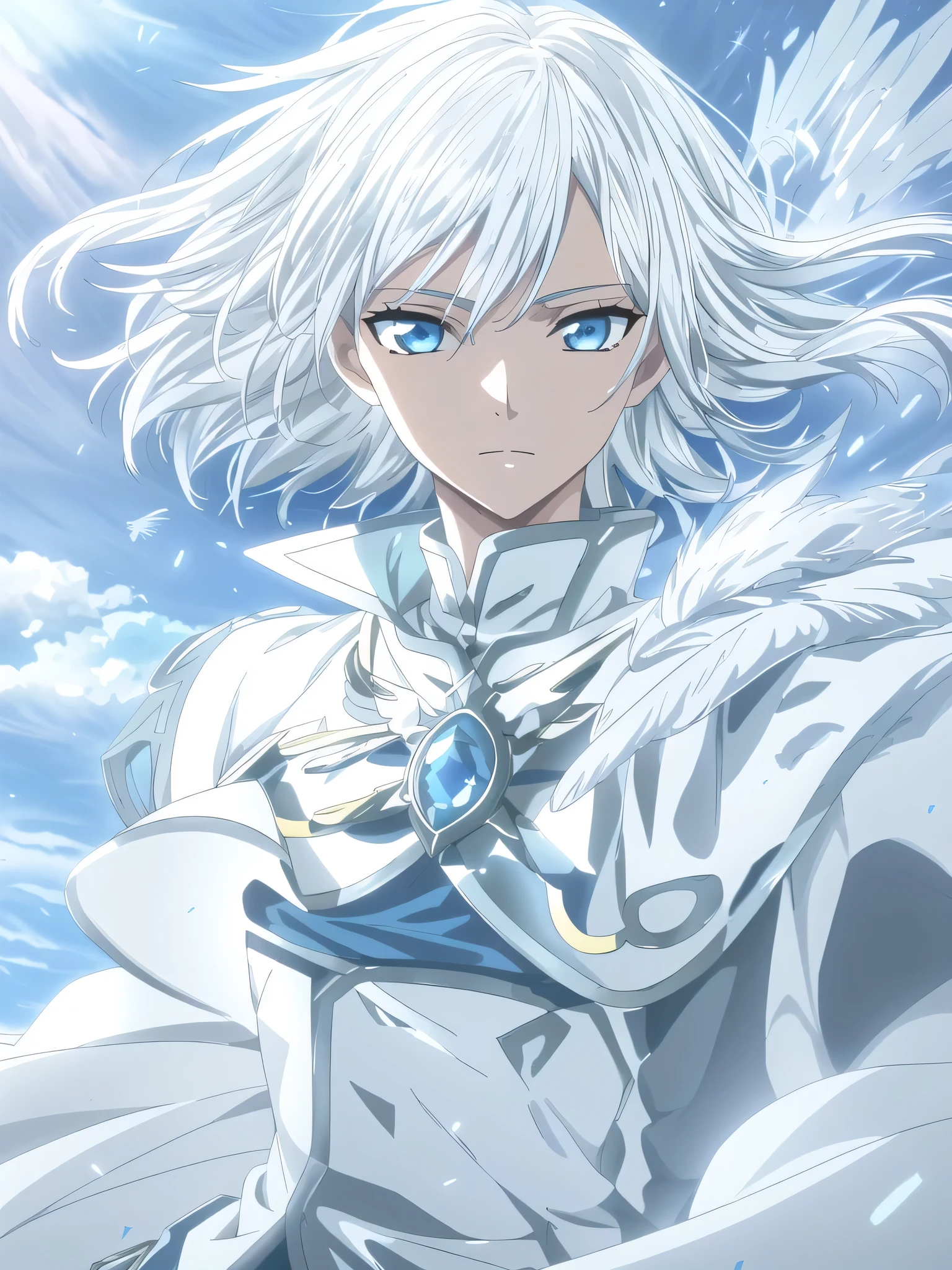 background blue sky(masterpiece, highest quality, High resolution),A woman with white hair and blue eyes wearing white clothes, portrait Zodiac Knight Girl, , best Anime characters design, White-haired God, Key Anime Art, detailed Key Anime Art, Zodiac Knight Girl, Fire emblem, Key Visual, Anime characters, detailed Anime characters art, Top 25 Fantasy Anime Series, Official Art, male Anime characters