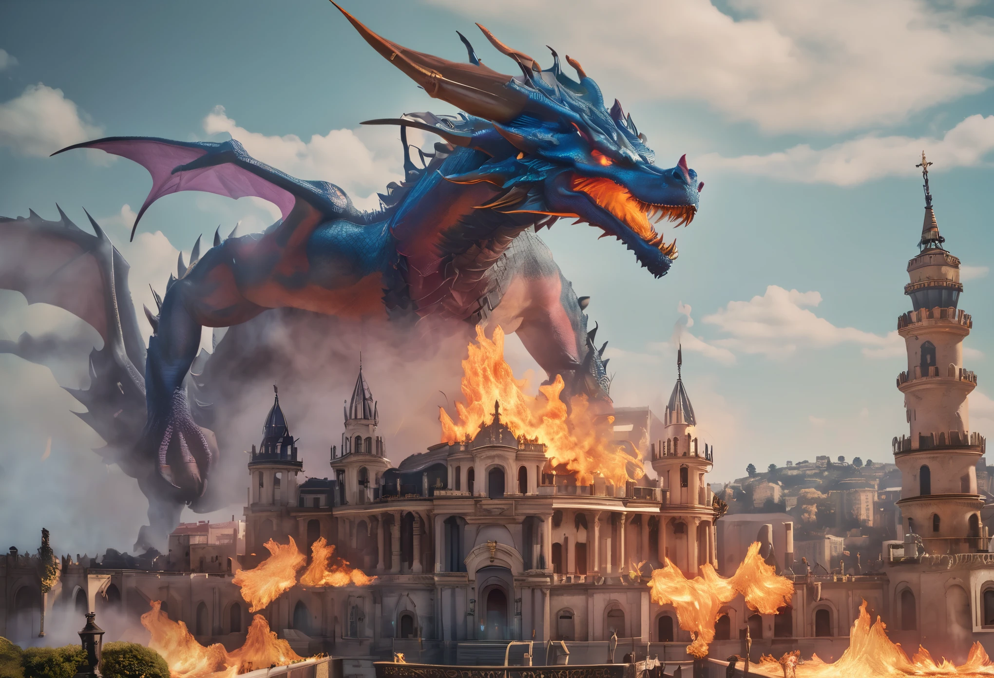 ((ultra grande angular x0.5:1.5)),( dragon releasing flames from its mouth, penhasco, Flight:1.5), ((cena imaginativa)), (( Muito detalhado: 1.4), (( obra de arte )), ( Hiperdetalhado e bonito: 1.3), (fotorrealista: 1.4), 32K. (8k),(melhor qualidade:1.2),(hiperrealista:1.2), cinematic lighting, Altamente detalhado,sharp focus,(fotografia macro premiada:1.1) ,(modelagem 3d),(cidade colorida:1.2),Vista da colina,Castelo detalhado e requintado,Abundant buildings