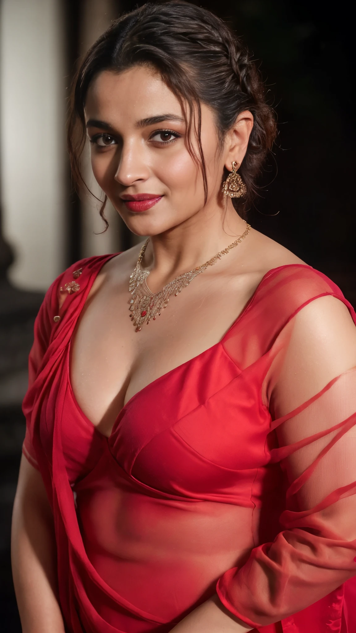 night scene, extreme close up photo of sexy wife albh, curvy, hourglass figure, swooping breasts, deep cleavage, standing in temple in ugadi celebrations, French braid hair, necklace, red saree, sultry, seductive eyes, red lips, look at viewer and smile, (cinematic:1.3), intricate details, (ArtStation:1.2)