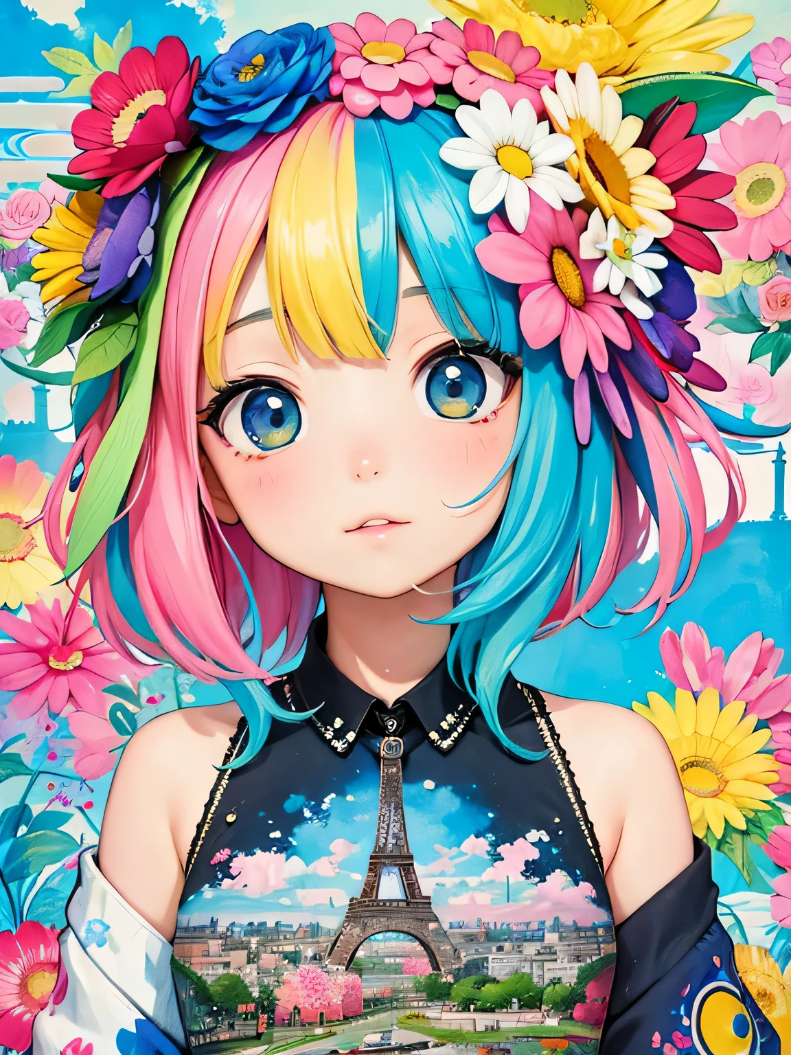 8K quality, Takashi murakami stylw, Kawaii Design, intense watercolor, watercolor detailed art, watercolor splash, surreal, avant-garde pop art, Beautiful and expressive paintings, Beautiful artwork illustration, very colorful tones, wonderful, cool beauty, highest quality,official art, vector art,stylish design, (((pretty girl))), (((highest quality))), HDR, ((Detailed details)), (((graffiti art))), ((masterpiece))、((Super detailed))、(((colorful flowers)))、(((Paris cityscape)))