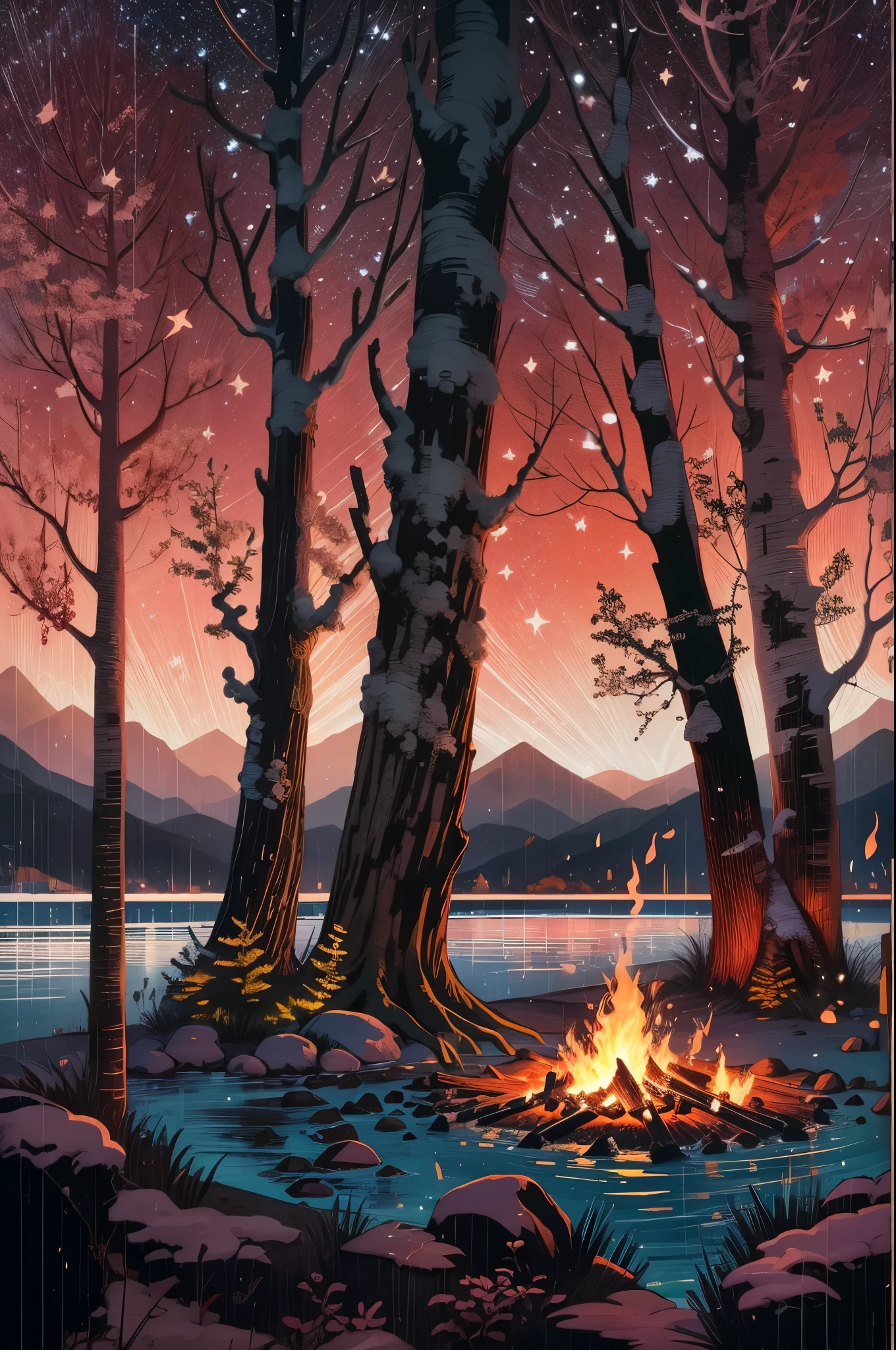 A campfire burning brightly under the starry night sky, illuminating the surrounding area with its warm glow. In Yunnan’s Dali region, the flames dance gracefully amidst the serene ambiance, casting flickering shadows on the nearby trees and reflecting off the surface of a tranquil lake. The scent of burning wood mingles with the crisp mountain air, creating a cozy atmosphere where friends gather to share stories and laughter. As the flames crackle and pop, they seem to echo the vibrant spirit of this beautiful and enchanting destination in southwestern China.