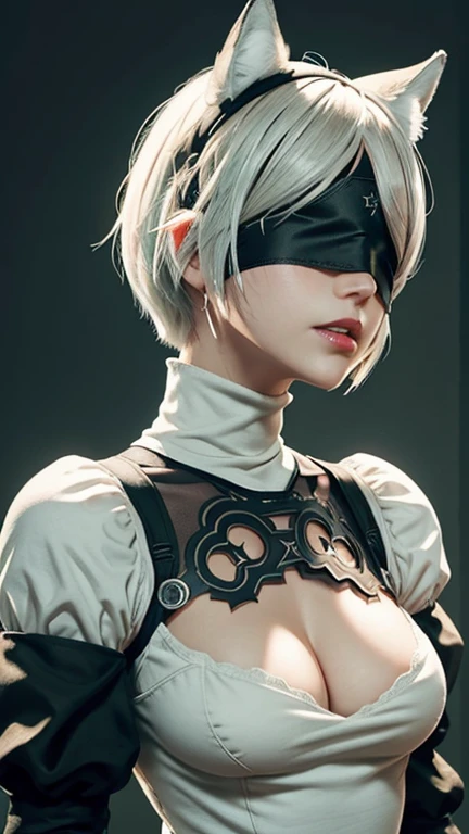 1girl, wlop, ((blindfold)), breasts, cleavage, cleavage cutout, dress cutout, green background, hair between eyes, headband, high resolution, juliet sleeves, long sleeves, nier (series), ((nier automata, 2b)), fluffy sleeves, red lips, solo, turtleneck sweater, upper body, l blue hair, sky, (white fox ears), cinematic lighting, (nier 2b hairstyle), (short hair), (upper body shot)