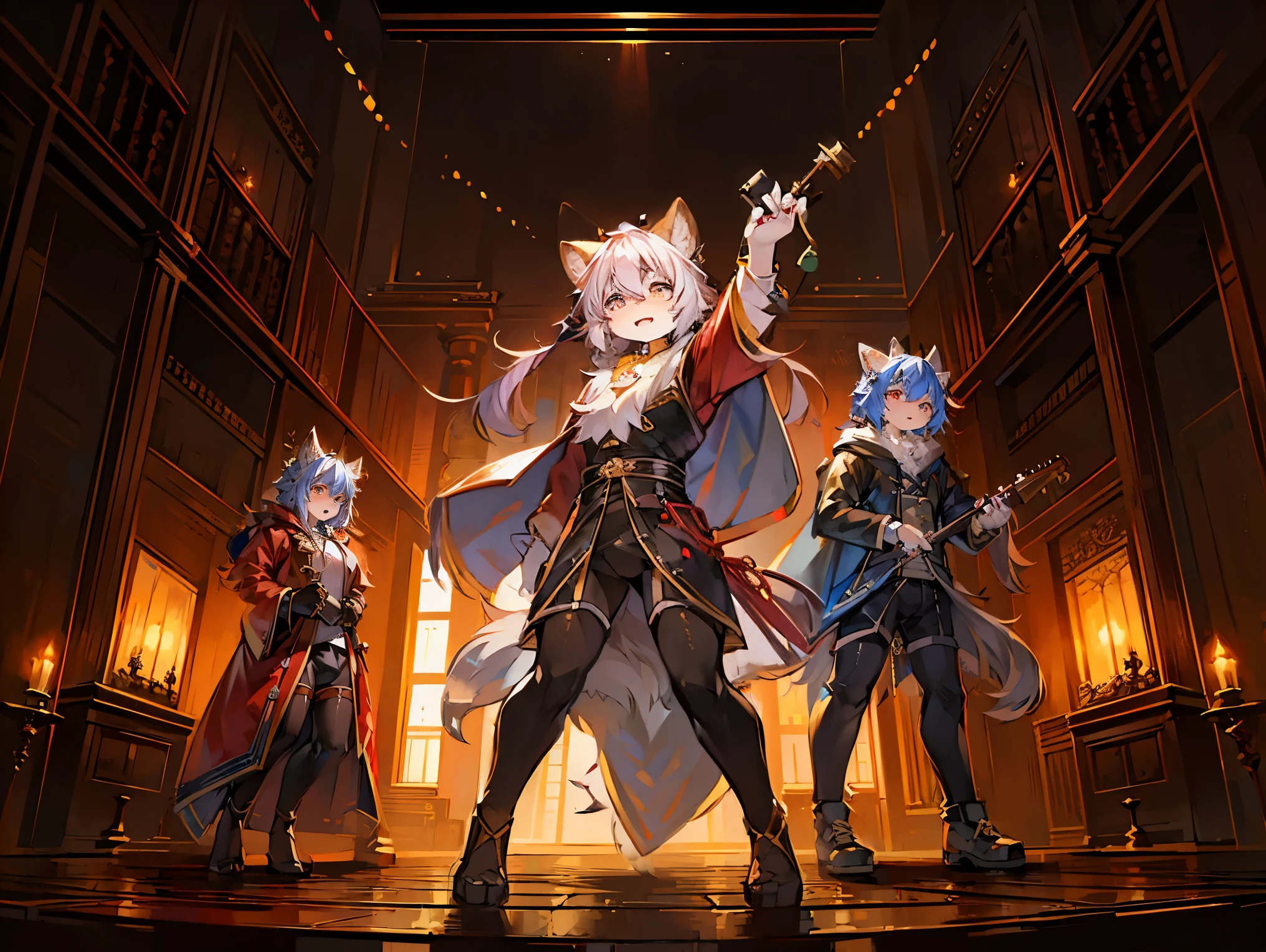 highest quality, Highest Resolution, masterpiece, Very detailed, Woman with shaggy dog Dog Ears Fluffy long hair Fluffy tail delicate beautiful Gray Hair steampunk red long coat sword masterpiece Ultra-high resolution Brown 3/4 length pants Brown corset Jump Attack pose Light-colored eyes rock band guitar