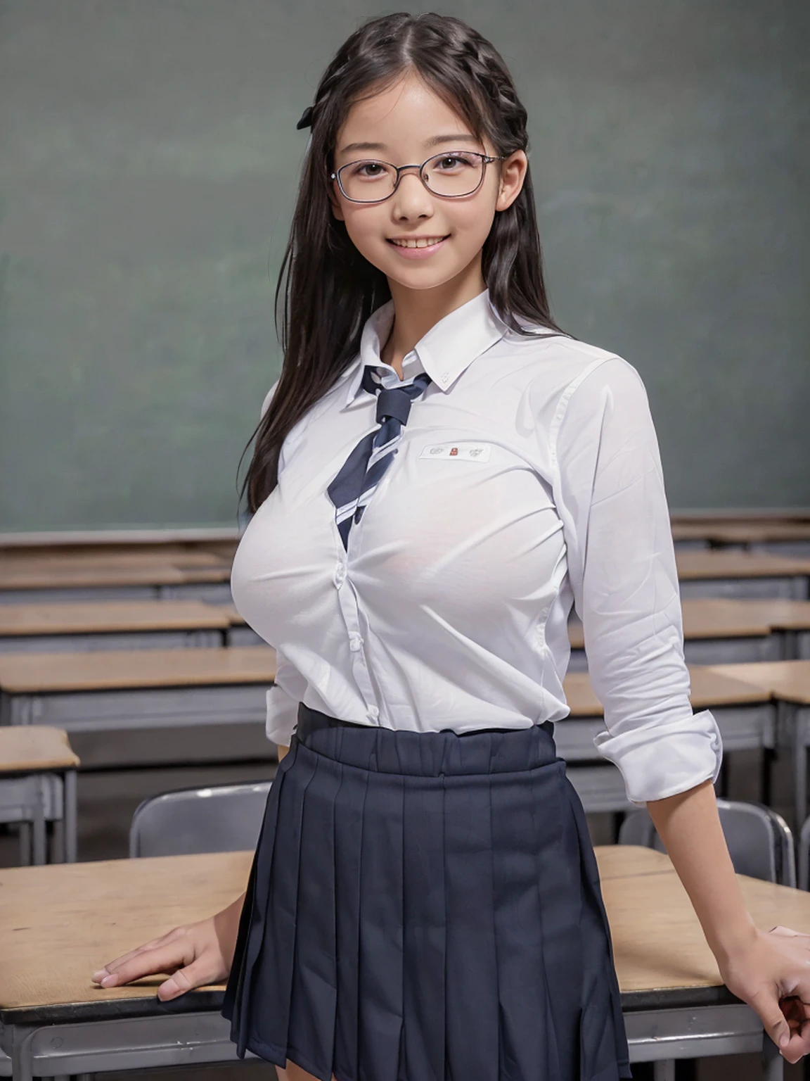 (8K,RAW Photos,highest quality,masterpiece:1.5),(Watching the audience:1.5),smile,Black Hair,(live-action:1.5),(Realistic expression:1.5),(middle School girls:1.5),(School uniform:1.5),(The background is an empty classroom:1.5),(Young face:1.4),(Big Breasts:1.5),Showing beautiful teeth,Braid,Glasses,She lifts her skirt to show her vagina