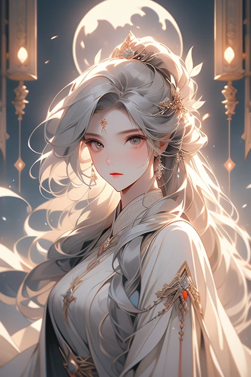 A girl,Frontal image,Moon Messenger,Moonlit Maiden,The second dimension image of the moon,A faint smile,Holy and elegant,Indifferent expression,Silvery-white eyes,Flowing ancient robe,Long flowing white hair,Exquisite hairstyle,magic,Ray Tracing,Delicate facial features
