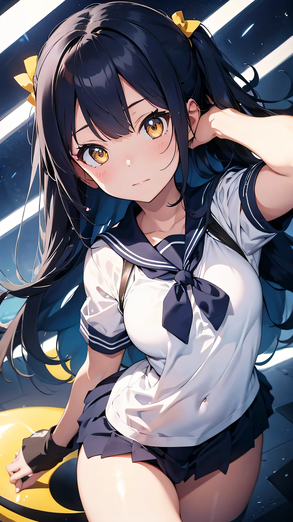 Create a high-resolution illustration of a mysterious sailor uniformed girl with navy blue hair and yellow eyes.