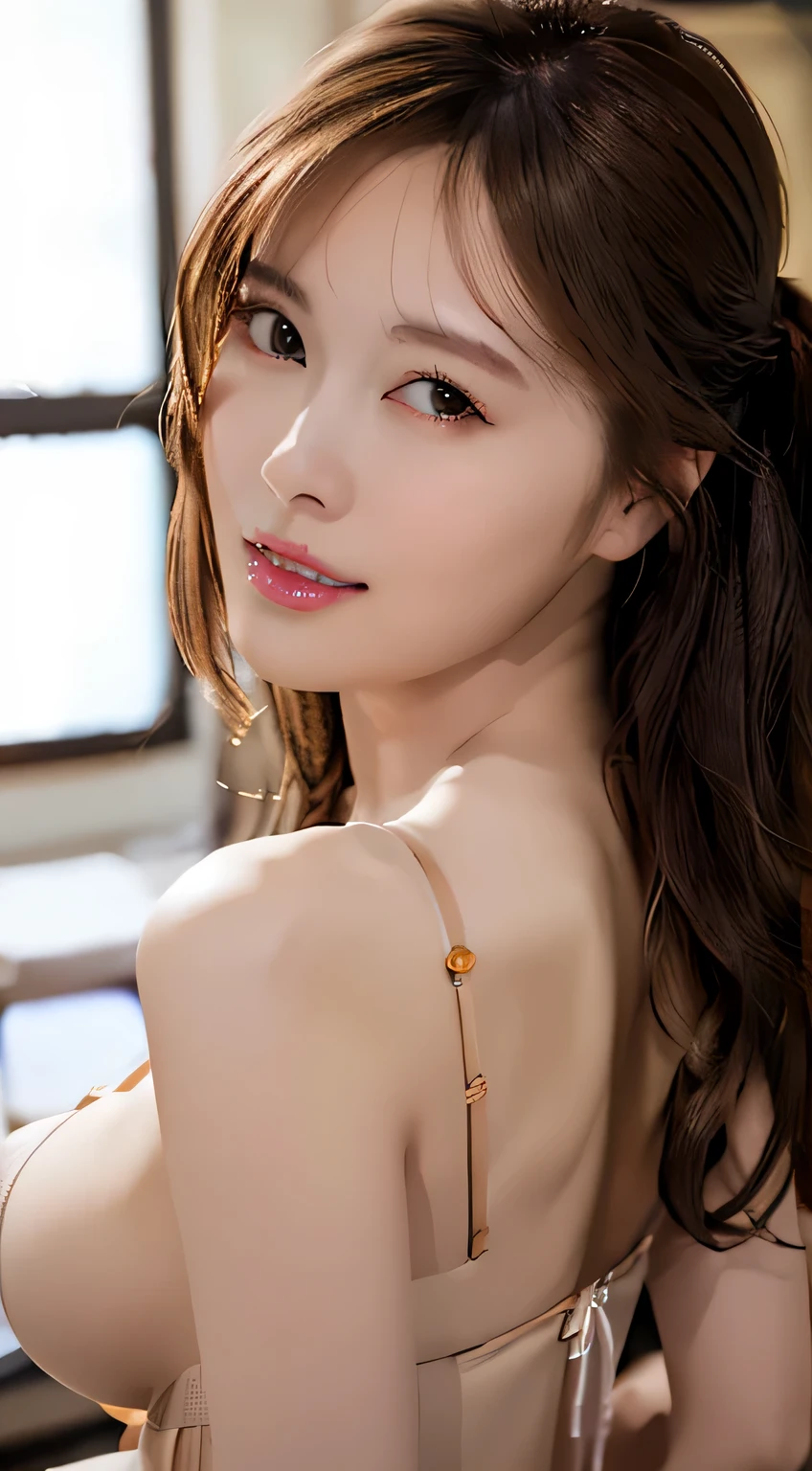 (highest quality、8k、masterpiece)、The Woman、20th generation、(Beautiful woman with perfect figure)、Light brown hair bun、Wearing a pendant、(whole body)、(thin)、((Big Breasts))、((whole body naked、All Nude)))(Dark tan lines)、In the living room、Highly detailed face and skin、Detailed eyes、double eyelid、A cheerful smile、Protruding areola,、Hami Breasts、Sideways Breasts、Diagonally from the side、Looking at the camera、thin、Big Ass、Cleavage、Large areola、Blushing、Embarrassed look、Wet body、Glowing Skin、Brown Skin、(((