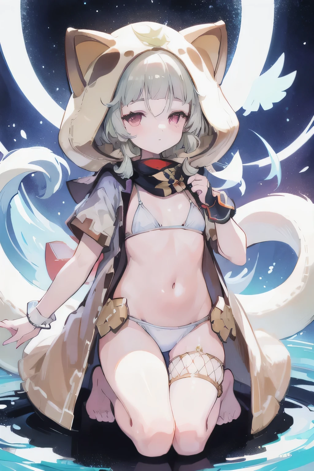 masterpiece,Super mass,hyperdetails,Perfect drawing,1 beautiful girl,White fluffy bikini,Small round eyes,Height 135cm,Three sizes B70W50H75,fluffly,Kneeling,Pow paused