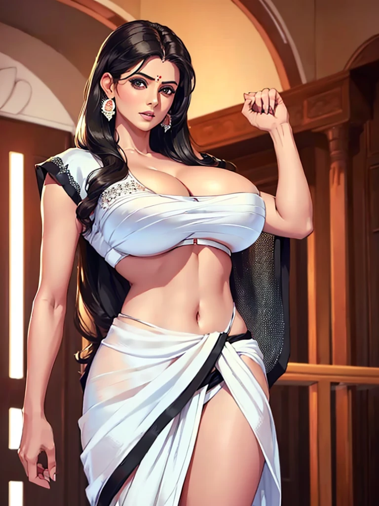 (masterpiece, best quality, Detailed description, high resolution), ((1 Girl, Solitary)), ((Huge breasts, Large Breasts, Clear cleavage,Slim waist, Long legs, Fitness, Fit body)), ((whole body, Close-up view)), ((permanent)), ((Looking at the audience, For the audience)), White background, ((White skin)), Oily skin, ((Large Breasts, Mature woman, Mature female, adult)), (Delicate eyes, good eyes, Better eyes), ((permanent)), (Black Hair), ((White sari)), (Huge breasts), (Long hair), ((milf)), (Brown eyes),