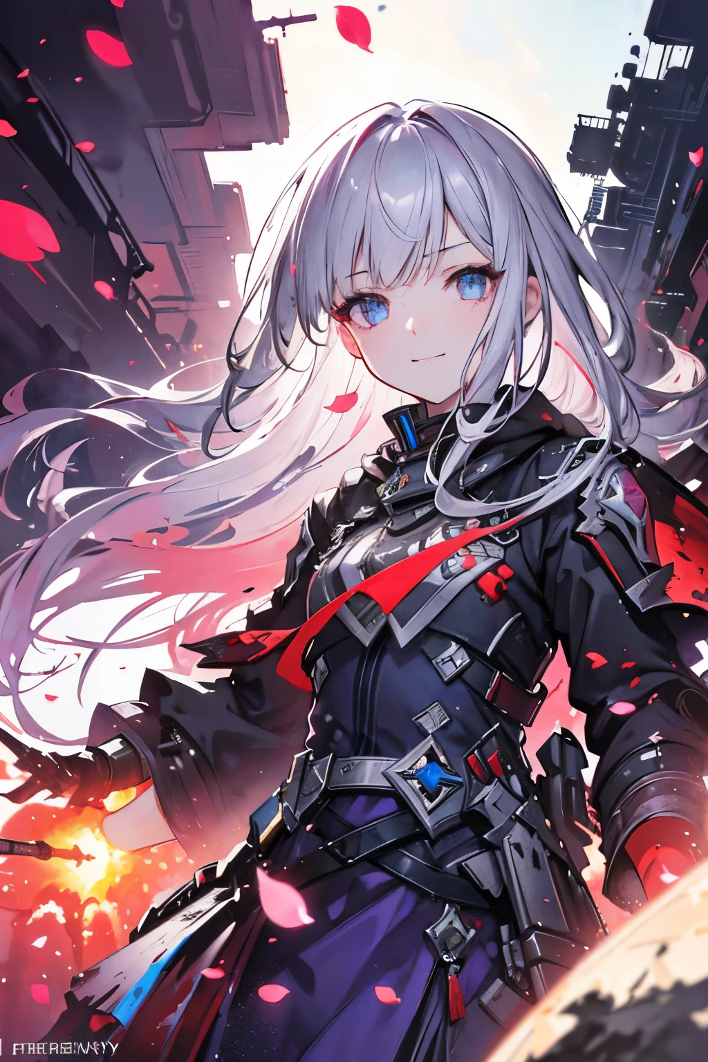 masterpiece, highest quality, One girl, (colorful),(Beautifully detailed eyes and face),cinematic Lighting,Bust Shot,Highly detailed CG Unity 8k wallpaper,Gray Hair,alone,smile,Complex skirt,((Flying petals)),(Flowery meadow) null, cloudy_null, building, moonLight, moon, night, (Dark Theme:1.3), Light, Fantasy,,Fantasy, High Contrast, Ink strokes, explosion, Exposure, Impression of purple and red tones , Abstract, ((Watercolours by John Berkey and Jeremy Mann )) Brush strokes, Negative Space,Sparkling Eyes、