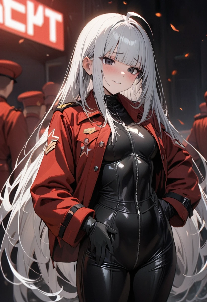 masterpiece, best quality, ultra detailed, 1girl, 16 years old, mature, white hair, very long hair, ahoge, straight hair, blunt bangs, black eyes, sad smile, red army jacket, , black inner body suit, 