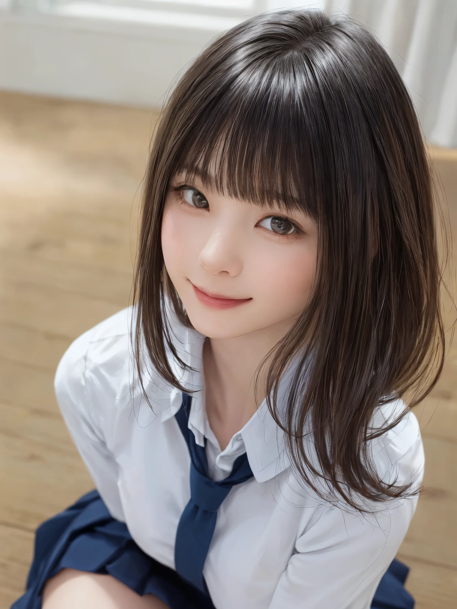 (masterpiece:1.3), (Realistic, RAW Photos, highest quality: 1.4), (One Girl), Beautiful Face, (超Realistic Face、シンメトリーのBeautiful Face、Looking into the camera), (Black Hair, short hair:1.6、bangs:1.3、Put out your ears:1.3、Beautiful long neck、happy smile with closed mouth), Beautiful hairstyle, (Realistic eyes), Beautiful details, Long eyelashes, (Realistic Skin), Beautiful Skin, [Big Breasts:1.3], (Perfect body:1.3), (Detailed body:1.2), (tie), (Collared shirt, Pleated skirt:1.3), Absurd, charm, Ultra-high resolution, Ultra-realistic, Very detailed, Golden Ratio,Very cute beautiful woman、28 years old