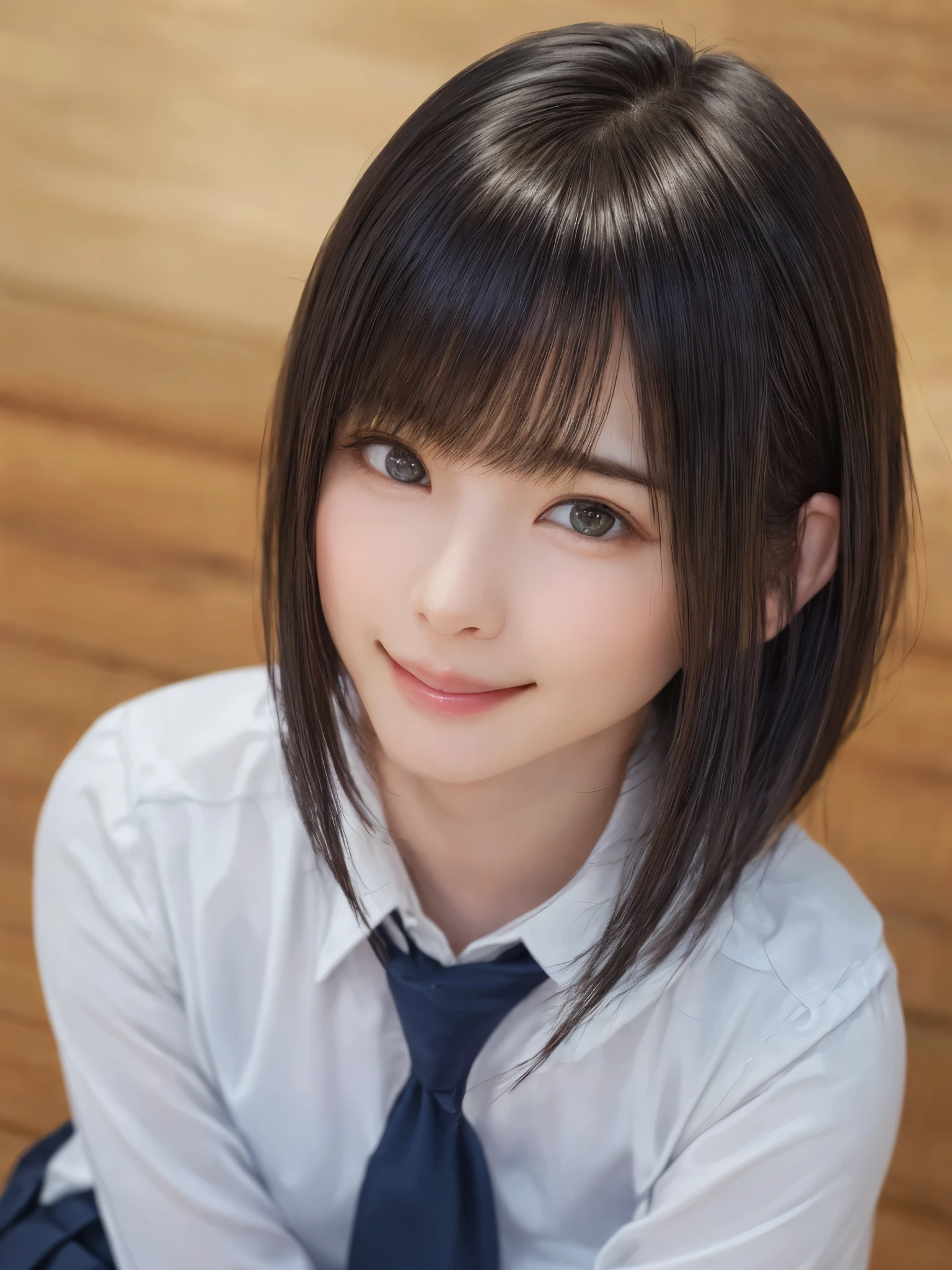 (masterpiece:1.3), (Realistic, RAW Photos, highest quality: 1.4), (One Girl), Beautiful Face, (超Realistic Face、シンメトリーのBeautiful Face、Looking into the camera), (Black Hair, short hair:1.6、bangs:1.3、Put out your ears:1.3、Beautiful long neck、happy smile with closed mouth), Beautiful hairstyle, (Realistic eyes), Beautiful details, Long eyelashes, (Realistic Skin), Beautiful Skin, [Big Breasts:1.3], (Perfect body:1.3), (Detailed body:1.2), (tie), (Collared shirt, Pleated skirt:1.3), Absurd, charm, Ultra-high resolution, Ultra-realistic, Very detailed, Golden Ratio,Very cute beautiful woman、28 years old