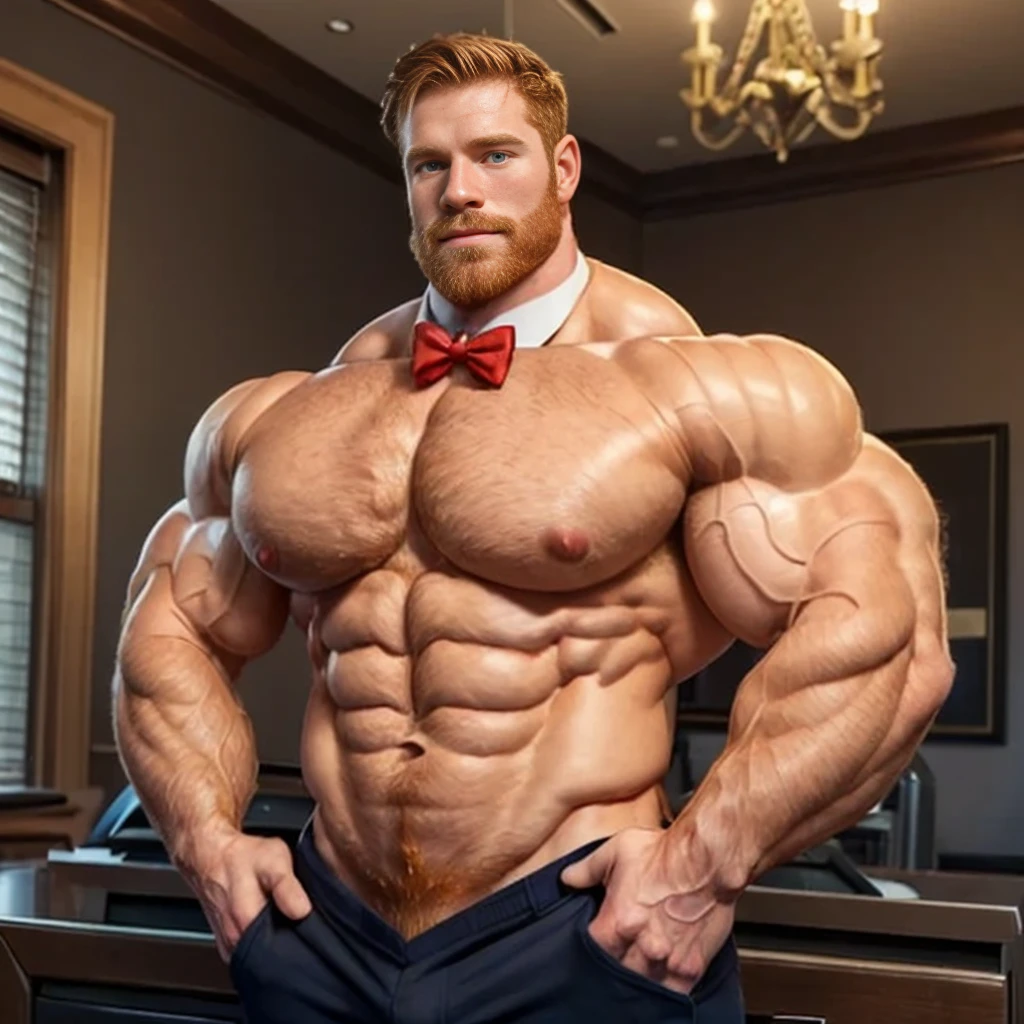 (perfect man:1.5), ginger, slight beard, hairy, vascular, realistic, posing, muscle god, flirting, soft smile, bowtie, charming, 30 years old, (big firm male muscle mass pectoral chest:1.7)