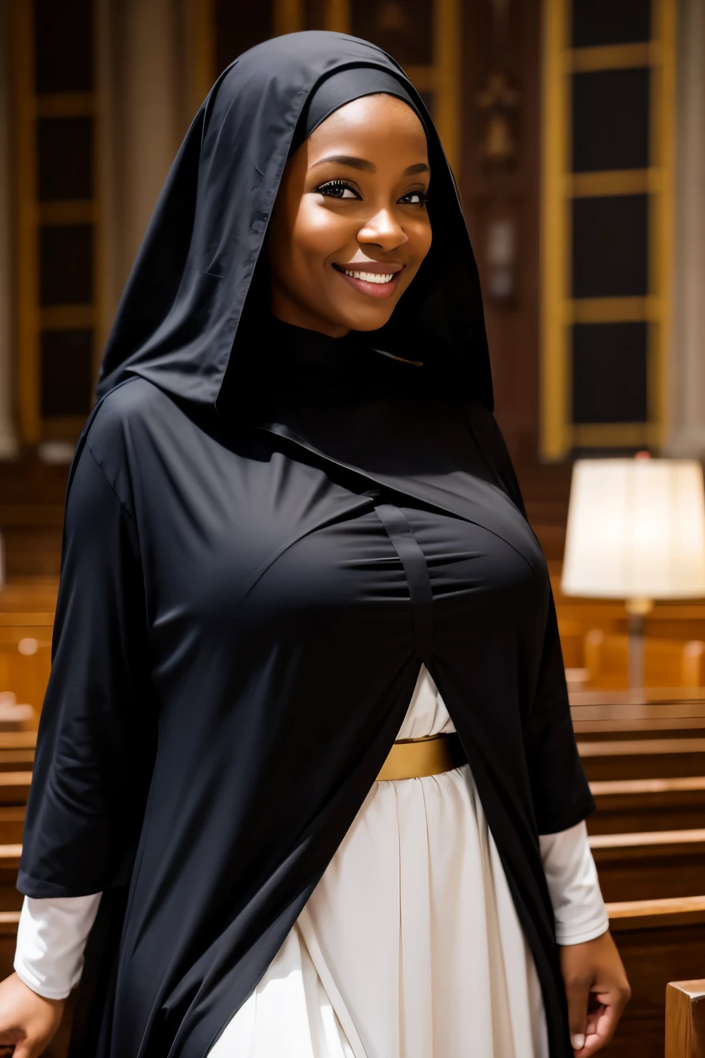 Mature beautiful black woman、Smiling with teeth showing、Huge saggy breasts、Sexy body、Monastic uniform、Nuns、Standing in the church
