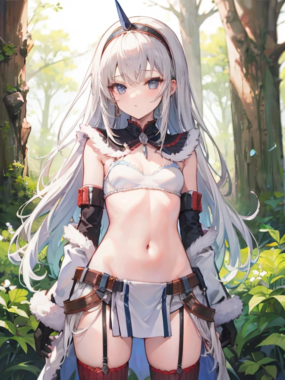 masterpiece, best quality, 1 girl,silver hair,long hair,elbow gloves,small breasts, navel,forest, cowboy shot