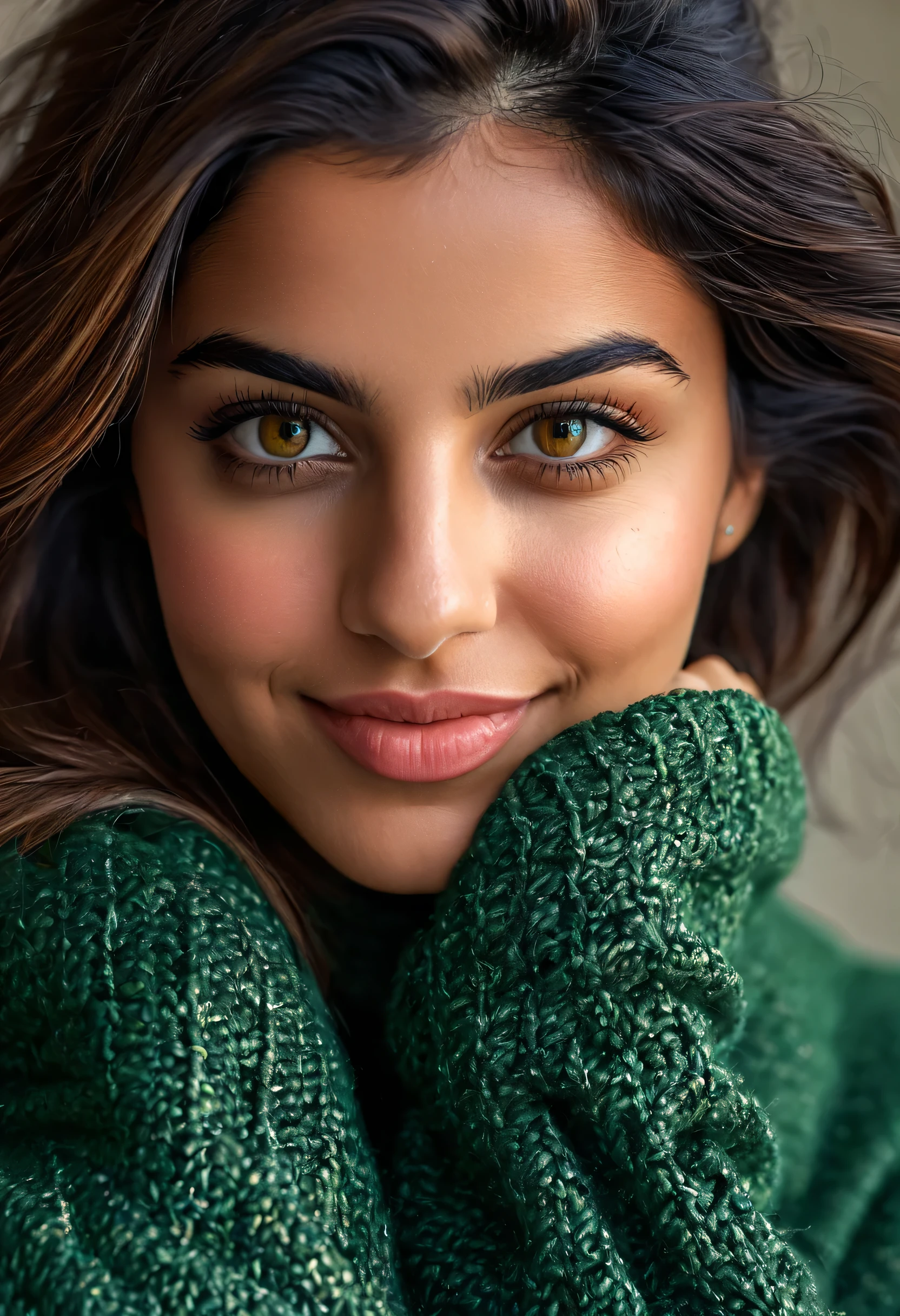 photo of (kalilanaheed:0.99), face portrait of Kalila Naheed, a 25-year-old persian woman, gen z activist, muslim, brown skin, natural skin, skin pores, olive complex, triangular shaped face, facial superficial veins, dark brown eyes, dark brown hair, wearing green loose sweater, denim pants, happy girl, positive girl, smiling, (extremely detailed CG unity 8k wallpaper), photo of the most beautiful artwork in the world, professional majestic (photography by Steve McCurry), 8k uhd, dslr, film grain, Fujifilm XT3 sharp focus, f 5.6, full-frame sensor camera, 85mm prime lens at f/2.0, style RAW, high detail, sharp focus, dramatic, (looking at viewer:1.2), (detailed pupils:1.3), (natural light), (seductive), (masterpiece:1.3), (8k, photorealistic, RAW photo, best quality:1.4), (1girl), beautiful face, (realistic face), beau tiful hairstyle, realistic eyes, beatiful detailed eyes, (realistic skin), beautiful skin, absurdres, attractive, ultra high res, ultra realistic, highly detailed, golden ratio