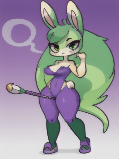 (Furry Bunny female), huge Breasts , ((cute face)), Green body ,(diives Style),wide hips ,((Better quality)) , Dark Green hair,((Purple clothes )) ,Full body 