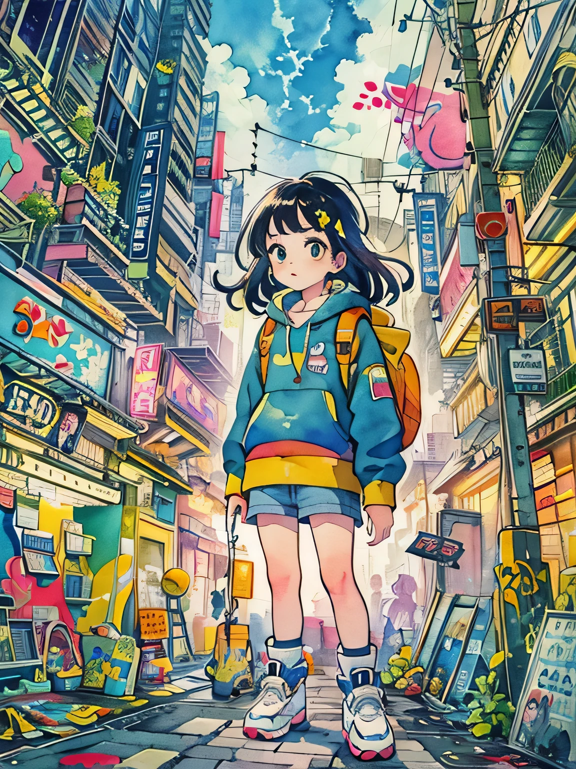 Akira Toriyama style、style、8K quality, Kawaii Design, intense watercolor, watercolor detailed art, watercolor splash, surreal, avant-garde pop art, Beautiful and expressive paintings, Beautiful artwork illustration, very colorful tones, wonderful, cool beauty, highest quality,official art, vector art,stylish design, (((pretty girl))), (((highest quality))), HDR, ((Detailed details)), (((graffiti art))), ((masterpiece))、((Super detailed))、(((Streets of futuristic cities)))