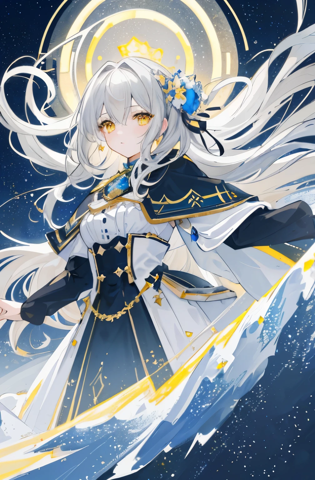 ((masterpiece)), ((highest quality)), (wonderful desinger), (Best Artist), (most commonly painted landscapes), (Top performance), (4K Full HD), (High resolution+), (1 girl) and (length) Gray Hair, (shining yellow eyes), in a landscape on the side and (wonderful) Starry sky drawn in artistic and cinematic tones - Meina pastel style - v5 (Anime illustration), Sparkling Eyes、