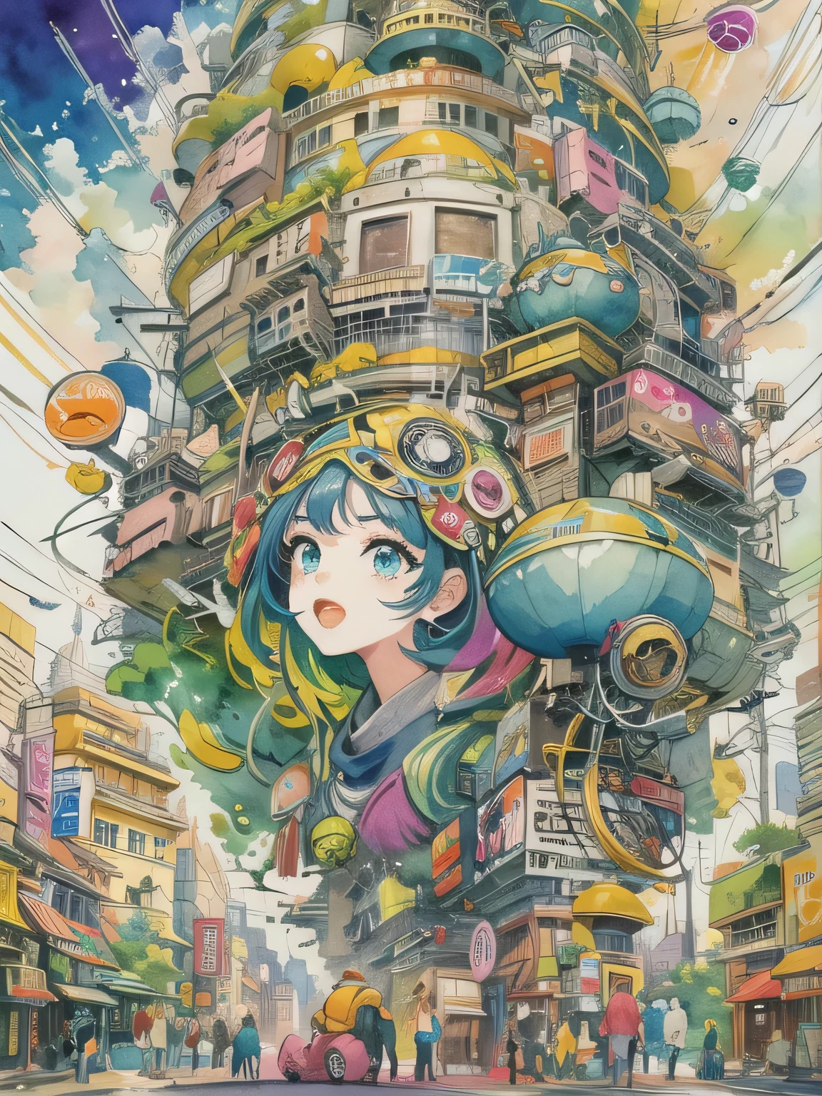 Akira Toriyama style、style、8K quality, Kawaii Design, intense watercolor, watercolor detailed art, watercolor splash, surreal, avant-garde pop art, Beautiful and expressive paintings, Beautiful artwork illustration, very colorful tones, wonderful, cool beauty, highest quality,official art, vector art,stylish design, (((pretty girl))), (((highest quality))), HDR, ((Detailed details)), (((graffiti art))), ((masterpiece))、((Super detailed))、(((Streets of futuristic cities)))