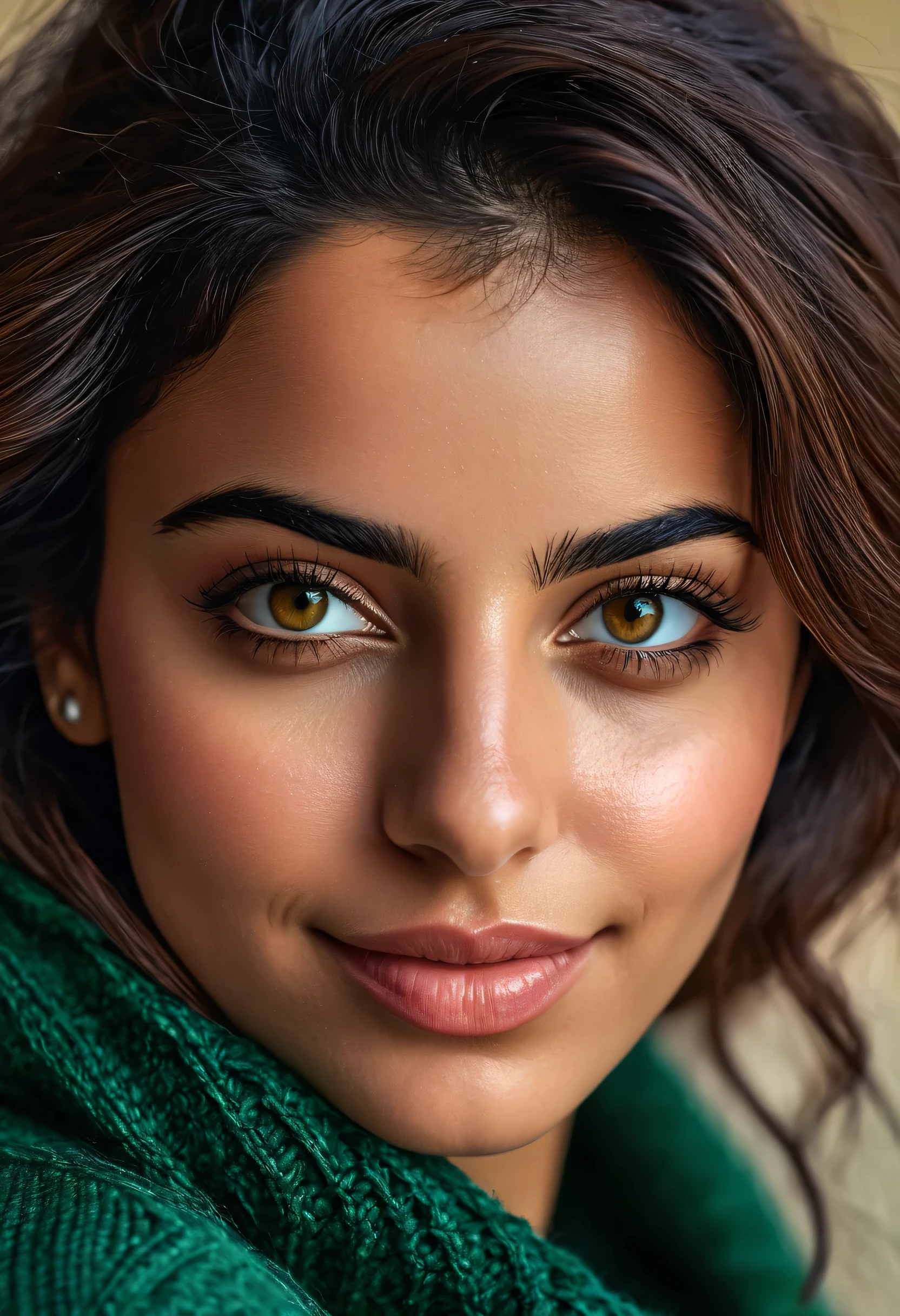 photo of (kalilaalazad:0.99), face portrait of Kalila Alazad, a 25-year-old iranian woman, gen z activist, muslim, brown skin, natural skin, skin pores, brown complex, triangular shaped face, facial superficial veins, brown eyes, dark brown hair, wearing green loose sweater, denim pants, happy girl, positive girl, smiling, (extremely detailed CG unity 8k wallpaper), photo of the most beautiful artwork in the world, professional majestic (photography by Steve McCurry), 8k uhd, dslr, film grain, Fujifilm XT3 sharp focus, f 5.6, full-frame sensor camera, 85mm prime lens at f/2.0, style RAW, high detail, sharp focus, dramatic, (looking at viewer:1.2), (detailed pupils:1.3), (natural light), (seductive), (masterpiece:1.3), (8k, photorealistic, RAW photo, best quality:1.4), (1girl), beautiful face, (realistic face), beau tiful hairstyle, realistic eyes, beatiful detailed eyes, (realistic skin), beautiful skin, absurdres, attractive, ultra high res, ultra realistic, highly detailed, golden ratio