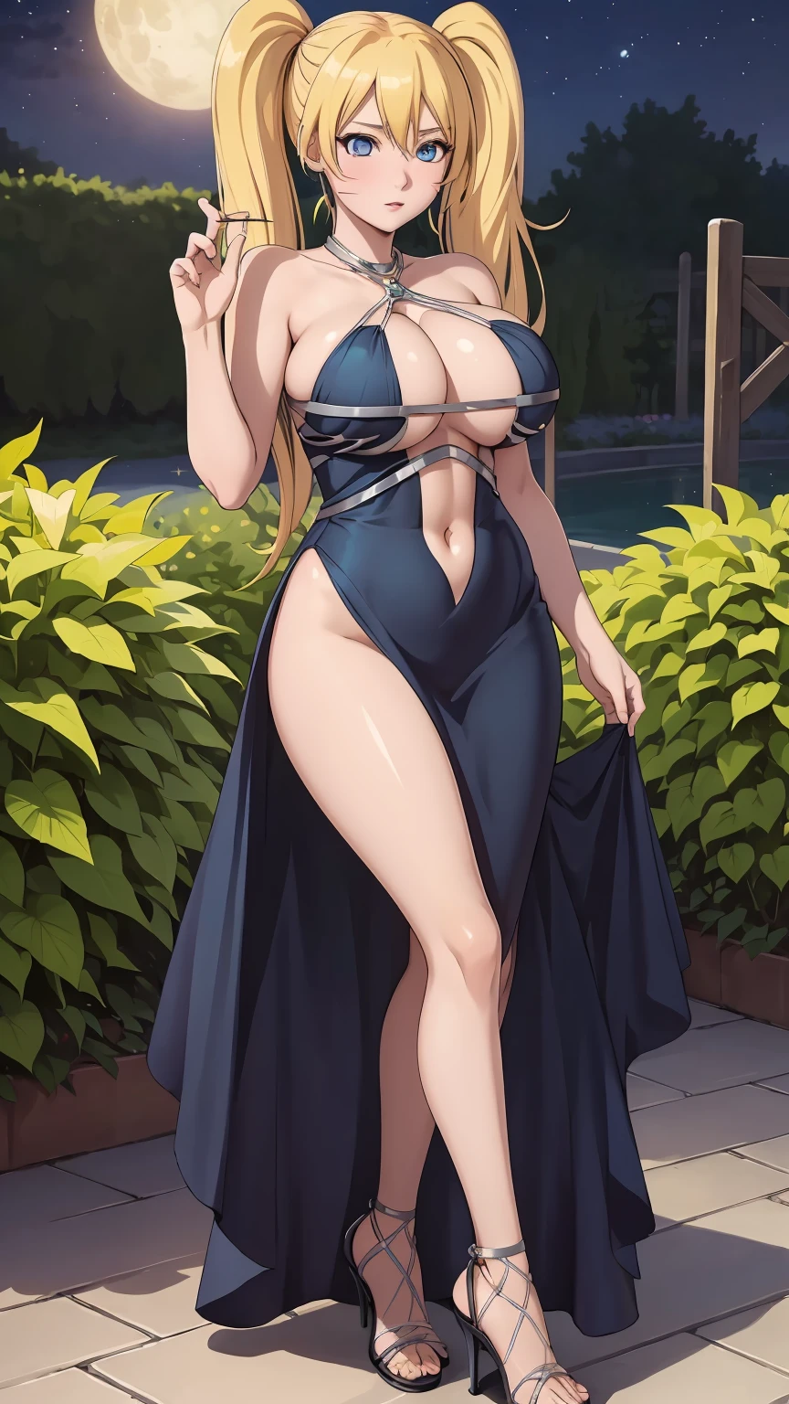 masterpiece, ultra high-quality, extremely detail 8k cg, high resolution, 1girl, narukouzumaki, twintails, wisker marks, blonde hair, blue eyes, perfect eyes, thin body, huge breasts, bursting breasts, evening gown, halterneck, criss-cross halter, high heels, choker, beautiful face, outdoors, garden, night time, full shot photo, full body