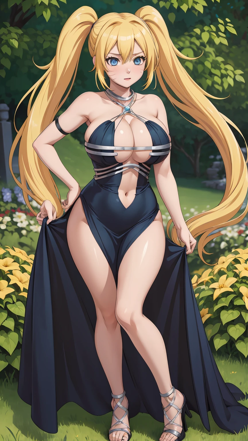 masterpiece, ultra high-quality, extremely detail 8k cg, high resolution, 1girl, narukouzumaki, twintails, wisker marks, blonde hair, blue eyes, perfect eyes, thin body, huge breasts, bursting breasts, evening gown, halterneck, criss-cross halter, high heels, choker, beautiful face, outdoors, garden, night time, full shot photo, full body