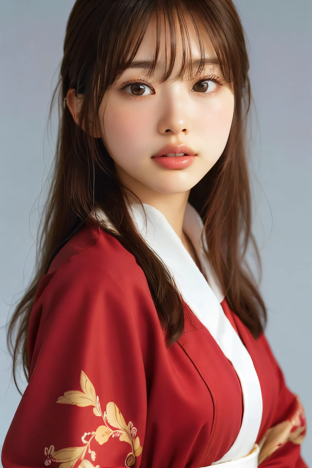 bangs,(highest quality,masterpiece:1.2),1 girl,8K,ultra high resolution,super detailed,highest quality,looking at the viewer,perfect lighting,flat light,super high quality,ultra high resolution,masterpiece,realistic,detailed face,(simple background),(maroon background),long hair,smile, elegant kimono