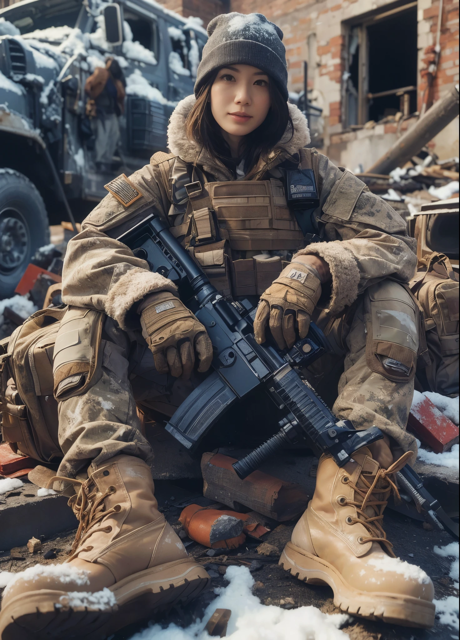 8hair,Realistic photos、Realistic skin texture、A beautiful Japanese woman belonging to the US military is seen in a snowy city area.、Sitting、tired、There are scars on the face、Winter Gear、broken and collapsed building、Outdoor、Scattered brick and concrete debris、Bulletproof vest、Holding an automatic rifle、With caution、Backpack、wear a baseball cap、this is dirty、Moving action pose、logic、Dramatic and bold composition、Burn waste wood to get warm、boot vehicle、Zoom out