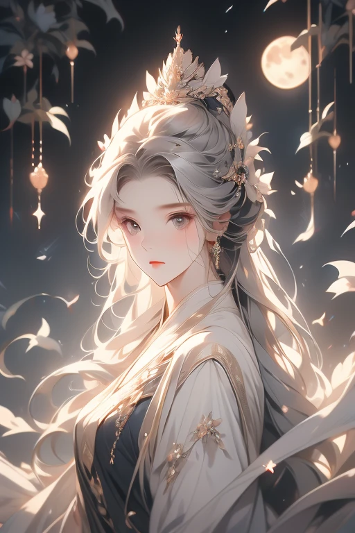 A girl,Frontal image，Moon Messenger,Moonlit Maiden,The second dimension image of the moon,A faint smile,Holy and elegant,Indifferent expression,Silvery-white eyes,Flowing ancient robe,Long flowing white hair,Exquisite hairstyle,magic,Ray Tracing,Delicate facial features