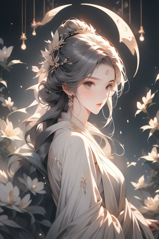 A girl,Frontal image，Moon Messenger,Moonlit Maiden,The second dimension image of the moon,A faint smile,Holy and elegant,Indifferent expression,Silvery-white eyes,Flowing ancient robe,Long flowing white hair,Exquisite hairstyle,magic,Ray Tracing,Delicate facial features